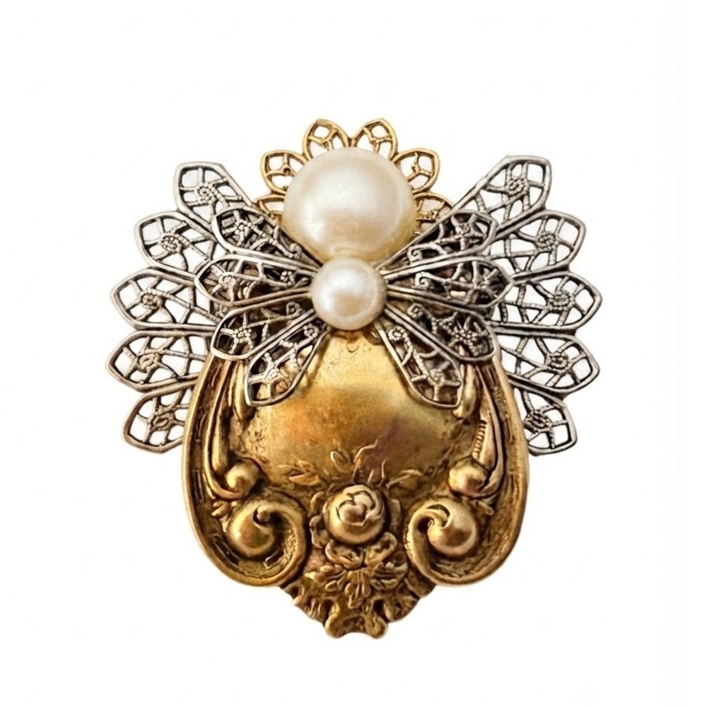 Vintage Angel Brooch Pendant Mixed Metal Filigree Faux Pearl Gold Silver Retro